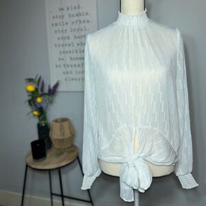Express White Dot Dobby Tie Front Mock Neck Smocked Cuff Blouse XS